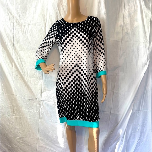 Signature Dresses & Skirts - Chic Black and White Geometric Dress with Teal Accents
